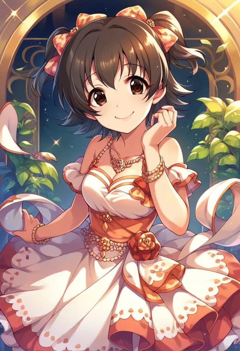 score_9, score_8_up, score_7_up, score_6_up, score_5_up, score_4_up, akagi miria, short hair, black hair, brown eyes, two side up, 1girl, dress, smile, jewelry, bracelet, bow, hair bow