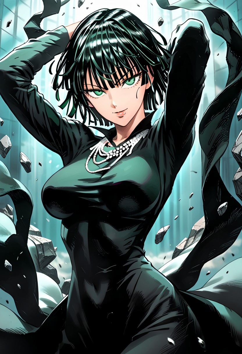 score_9,score_8_up,score_7_up,source_anime, FUBUKI_(ONE_PUNCH_MAN),1girl,solo,breasts,looking at viewer,smile,short hair,large breasts,black hair,long sleeves,dress,jewelry,medium breasts,green eyes,cowboy shot,necklace,black eyes,black dress,arms up,covered navel,