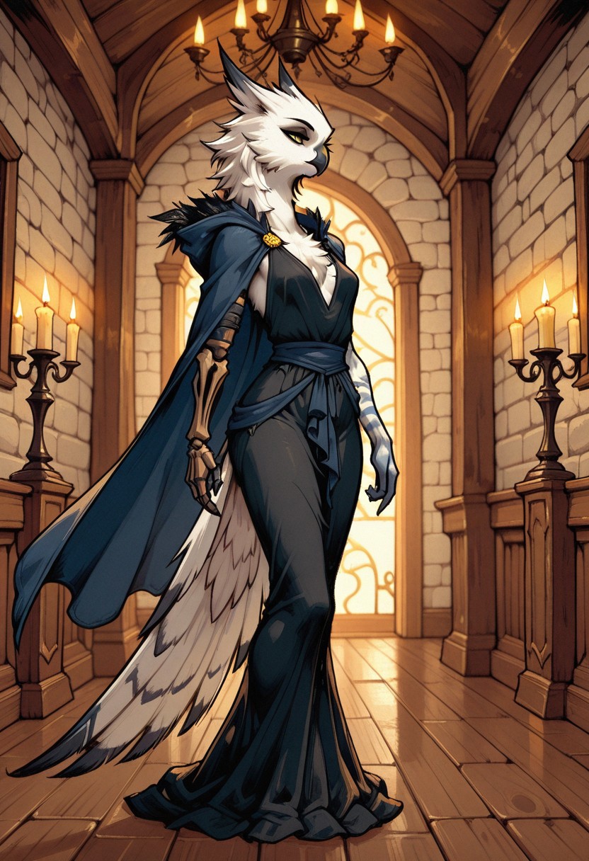 furry, megafeathery, feathers, avian, owl woman, long fluffy white hair, (((slender face, tall, skinny, thin neck))), (((white fur:1.40))), graceful calm pose, calm expresson, yellow eyes, (right arm is a skeleton arm), wearing a long black dress, wearing a dark blue cape with, in an old castle, warm light, candle light, fantasy, chandelier, stone walls, wooden floor, styleakramness, vehn