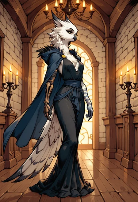 furry, megafeathery, feathers, avian, owl woman, long fluffy white hair, (((slender face, tall, skinny, thin neck))), (((white fur:1.40))), graceful calm pose, calm expresson, yellow eyes, (right arm is a skeleton arm), wearing a long black dress, wearing a dark blue cape with, in an old castle, warm light, candle light, fantasy, chandelier, stone walls, wooden floor, styleakramness, vehn