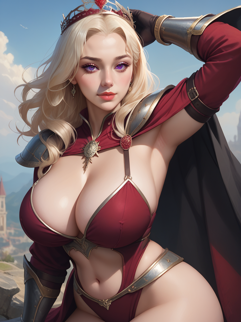 score_9, score_8_up, score_7_up, realistic, ((profile)), DragonerysPrincess, 1girl, smile, (platinum blonde), massive tits, deep cleavage, big natural breasts, dragon, purple eyes, crimson armor, chainmail armor, black cape, cleavage, ornate armor, arm up in the air, dark gloves, 3 dragons behind her, fantasy art, <lora:Dragon_Princess-000008:1>
