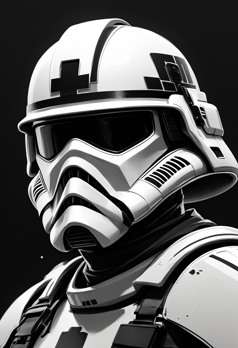 score_9, score_8_up, score_7_up, line drawing, portrait of stormtrooper <lora:StormTrooperE10:0.6>, armor, helmet, monochromemuse, monochrome, greyscale, ink splatter, black background