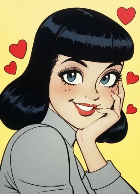 score_9, score_8_up, score_7_up, score_6_up, score_5_up, score_4_up, source_anime, veronica lodge, 1girl, solo, black hair, medium hair, smile, close-up, heart, from side, hand on own cheek, (grey shirt, long sleeves, hand up:0.7), looking at viewer