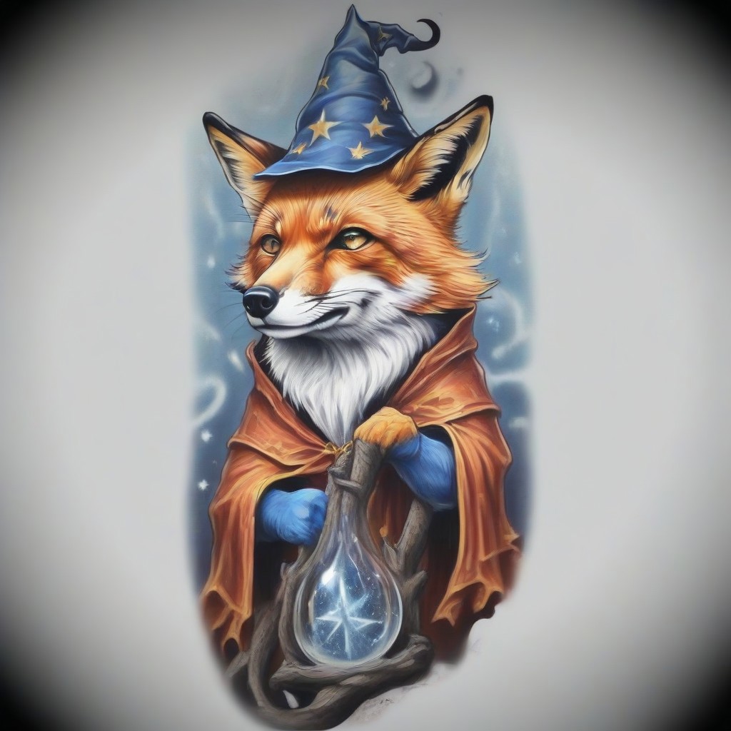 a fox dressed a a wizard, greg rutkowski, proto_tat, evang, tattoo_style