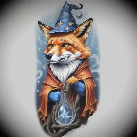 a fox dressed a a wizard, greg rutkowski, proto_tat, evang, tattoo_style