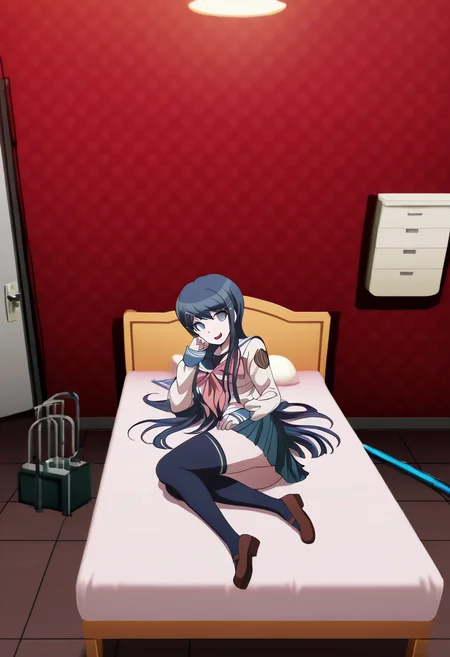 (((solo))), masterpiece, best quality, very aesthetic, modern, modern anime, newest, absurdres, highres, front view , loving expression , (((solo))),danganronpa_(series),<lora:Sayaka_Maizono_Illustrious:1>, This anime screencap is from Danganronpa the Animation. . Sayaka Maizono is curtsy. Sayaka Maizono is excited expression . Sayaka Maizono is working with and involved in The setting is a dorm room in Hope's Peak. The room has red walls and a blue carpeted floor. The walls are covered in a maroon patterned wallpaper with the outline of the pattern being in a dark pink. The room is dimly lit. There is a bed at the back of the room with a white pillow on it. A white paint roller is on the floor beside the bed. There is a desk to the left of the bed with a drawer unit. There is a door closed at the back right side of the room. A large overturned table is leaning on the waist level shelves to the right of the bed. There are scratched lines in the red walls. Above the desk to the left of the bed are large metal sheets with metal bolts attached to their surface. There is a hanging lamp with a white shade. Just in front of the bed there is a katana lying on the blue carpeted floor. Sayaka Maizono has her long blue hair down. She is wearing the white and blue Hope's Peak Academy uniform with a white top. Her sleeves reach her wrists. She's wearing a light pink ribbon. She has a short, pleated, blue skirt. Sayaka Maizono wears navy blue thigh-high socks. Her footwear is dark brown Mary Janes shoes.