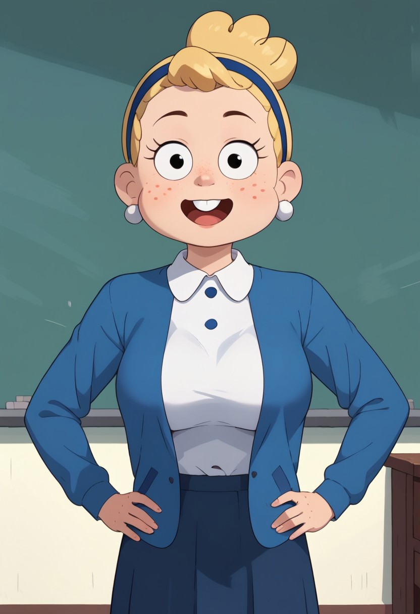 ((room background)),score_9, score_8_up, score_7_up,score_6_up, 
1girl, solo, Ms.Julip_C, light skin, black eyes, blonde hair, hairstyle fluffy one high bun, freckles, round cheeks, rounded buck teeth, dark-blue headband, white round earrings, white collared blouse, blue open sweater, dark blue skirt, white socks, blue tennis shoes, big eyes, open mouth, cute, tall stature, social smile, perfect eyes, perfect smile, looking at the viewer, detailed eyes, perfect eyes, standing, big breasts (front pose, front view, bust shot) five fingers, perfect hands, hands on hips