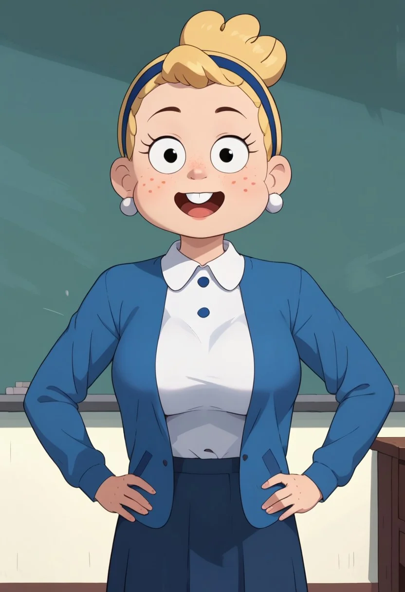 ((room background)),score_9, score_8_up, score_7_up,score_6_up,
1girl, solo, Ms.Julip_C, light skin, black eyes, blonde hair, hairstyle fluffy one high bun, freckles, round cheeks, rounded buck teeth, dark-blue headband, white round earrings, white collared blouse, blue open sweater, dark blue skirt, white socks, blue tennis shoes, big eyes, open mouth, cute, tall stature, social smile, perfect eyes, perfect smile, looking at the viewer, detailed eyes, perfect eyes, standing, big breasts (front pose, front view, bust shot) five fingers, perfect hands, hands on hips