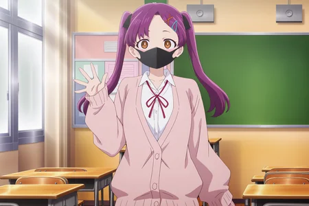 masterpiece, best quality, detailed background, detailed face, anime screencap,
<lora:Kanna_Andou_The_Dangers_in_My_Heart:.9>
1girl, ribbon, classroom, hair ornament, purple hair, red ribbon, solo, neck ribbon, twintails, white shirt, long hair, cardigan, hairclip, mask, shirt, Kanna Andou (character), waving to the viewer, cowboy shot