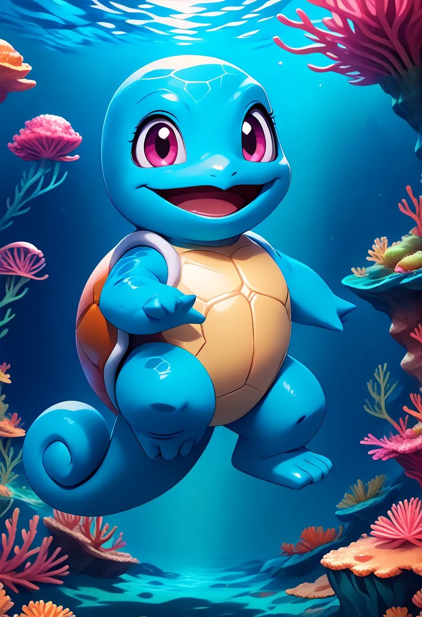 score_9, score_8_up, score_7_up,  vivid bright colors, 
zzSquirtle, looking at viewer, smile, open mouth, standing, full body, flower, :d, pink eyes, happy, bubbles, coral reef, underwater,
