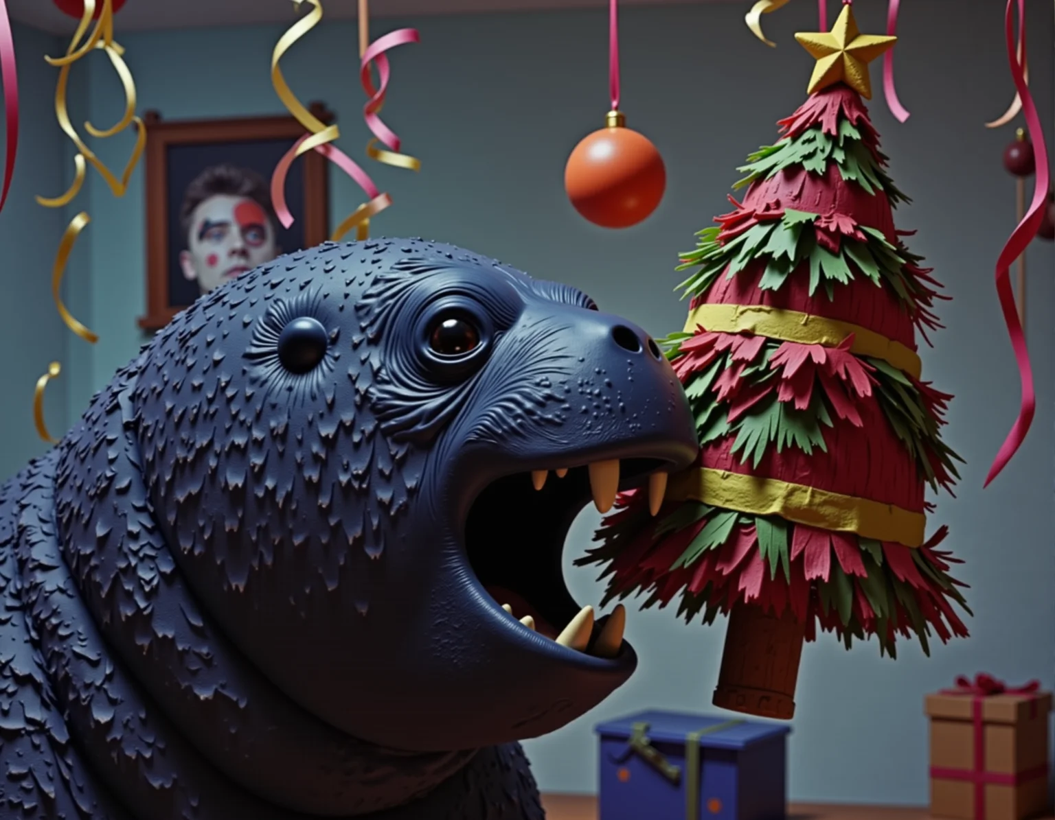 A low budget b-movie still, blueberry walrus headbutting a pinata shaped like a Christmas tree hanging from the ceiling. , superimposed VFX background, uneven lighting, amateur style, 2D, flat