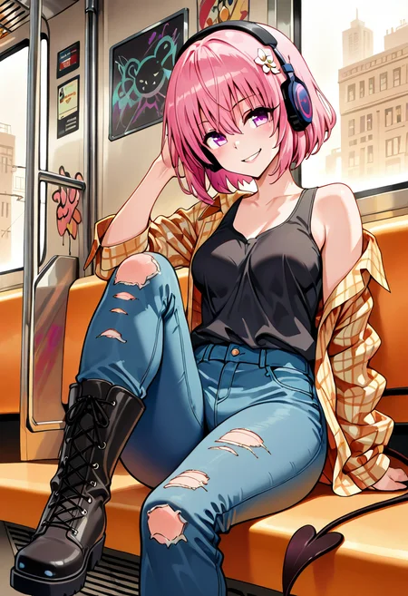 masterpiece, best quality, smile, looking at viewer, sitting, foreshortening,   [Grunge Heart Subway] momo velia deviluke, 1girl, solo, pink eyes, pink hair, short hair, hair flower, demon tail, ripped jeans, plaid shirt, black tank top, headphones, graffiti train car, grunge fashion â Momo sits sideways on a subway bench, boots kicked up, nodding to heavy bass through oversized headphones. Her plaid shirt hangs off one shoulder, pink eyes catching reflections in the grimy window. A smirk curls her lips as her tail coils lazily around a metal pole.  <lora:ToLoveRu_Style_NAI:1.0>,