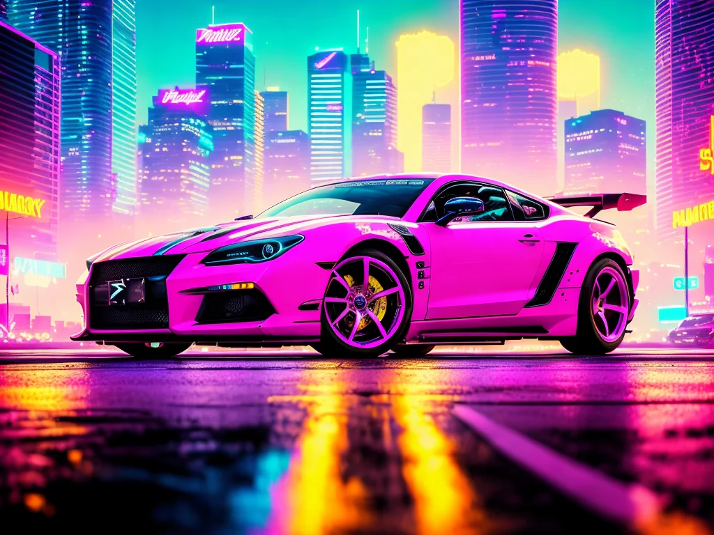 swpunk, synthwave, paint splatters, (extremely detailed 8k wallpaper), a medium shot photo of a futuristic concept car parked in an elaborate cyberpunk city, ray tracing, detailed reflections, Intricate, High Detail, dramatic, best quality masterpiece, photorealistic, detailed, 8k, HDR, backlighting, bloom, light sparkles, chromatic aberration, sharp focus 