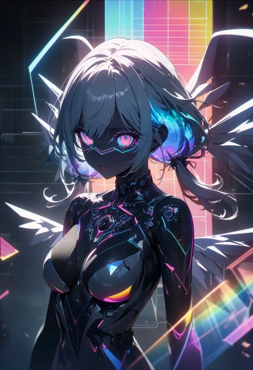 gorgeous lips, cinematic, (masterpiece), (best quality), (ultra-detailed), very aesthetic, illustration, perfect composition, intricate details, absurdres, detailed face, (anime, masterpiece, intricate:1.3), (best quality, hires textures, high detail:1.2), (4k),(incredibly detailed:1.4) 
Hologram girl, hologram, no humans, outline only, wireframe, glowing wireframe, pretty girl, rainbow hologram,  futuristic, transparent body, void body, only outline neon tube, twintails, low twintails, fluffy hair, rainbow colors, small wings, aesthetic grid, silhouette ,more_prism background, vibrant color, more_details:1.5