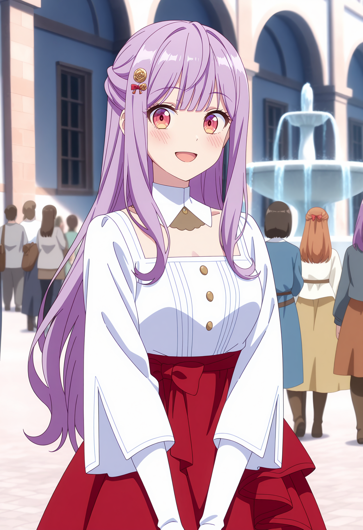 anime screencap, masterpiece, best quality,
<lora:Kanpekiseijo_MiaAdenauer_IlluXL:0.9>,
1girl, open mouth, smile, blush,
blunt bangs, half updo, long hair, purple hair, multicolored eyes, hairclip,
detached collar, white shirt, long sleeves, bow skirt, red bow, red skirt,
standing, looking at viewer, cowboy shot,
medieval, fountain, people, street, building, day, photo background, blurry background