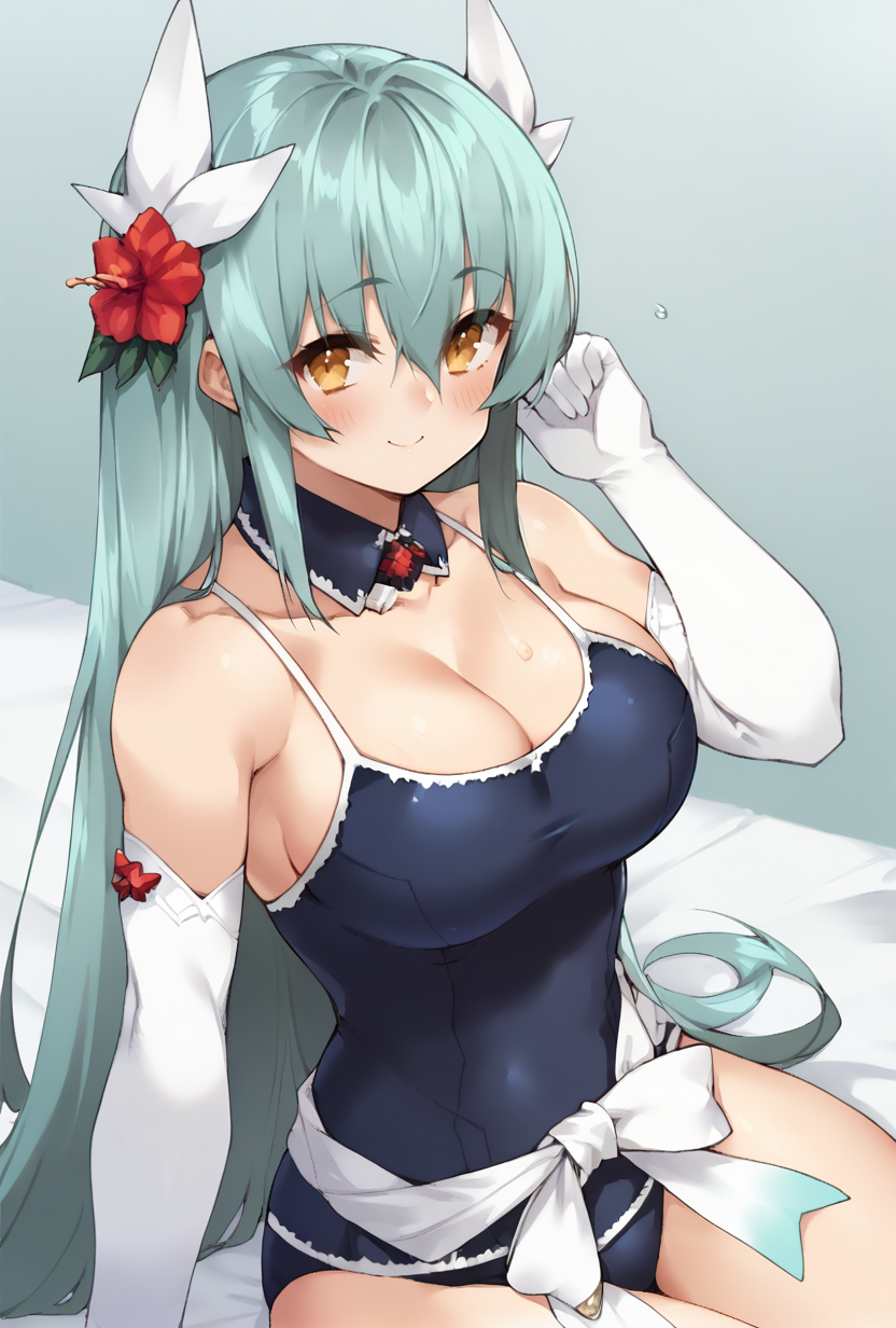 score_9,score_7_up  <lora:kiyohime_(lancer)_XL_1:1>  bbkiyo, long hair, aqua hair, white horns, hair flower, red flower, yellow eyes, detached collar, cleavage, school swimsuit, blue one-piece swimsuit, elbow gloves, white gloves, white sash, blush, smile,   <lora:Sera23-Style-PonyXL-DoRA-000044:1>