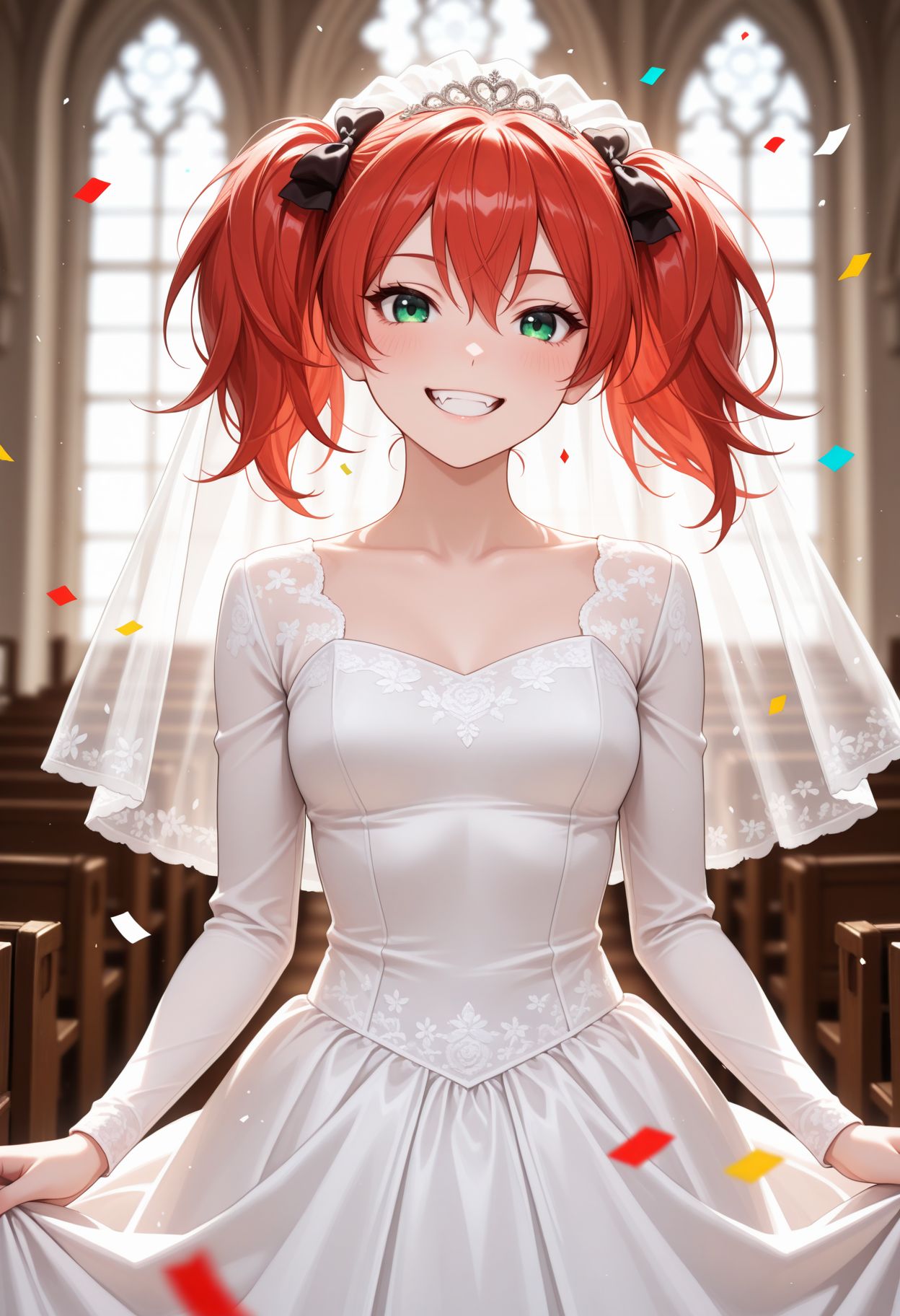 masterpiece,best quality,absurdres,highres,very aesthetic,high quality,detailed,insanely detailed,beautiful,perfect lighting, ,depth of field,blurry background,
looking at viewer, grin, 
 <lora:Shuzen Kokoa illu:1> 1girl, twintails, red hair, green eyes, long hair, fang, long sleeves,wedding dress, veil, church, (confetti:1.1), smile, open mouth, white dress, wedding dress), indoors,