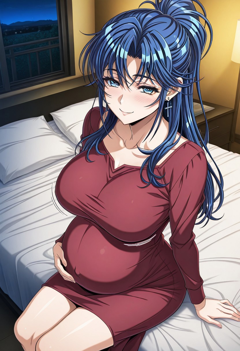 masterpiece, best quality, newest, highres, uncensored, 1girl, yokota mamoru style,1girl, slender face，motion lines,blush,torogao,looking at the viewer,seductive smile
Kouno Asami,Blue Hair, Curtained Hair, Long Hair, Ponytail, Spiky Bangs, Straight Hair,Blue Eyes,Medium Breasts, Slim, Cross Earrings
1girl,solo
1girl, pregnant, solo, long hair,, blue eyes, smile, blush, dress, bed, big belly, sitting, night, looking at viewer, huge breasts
