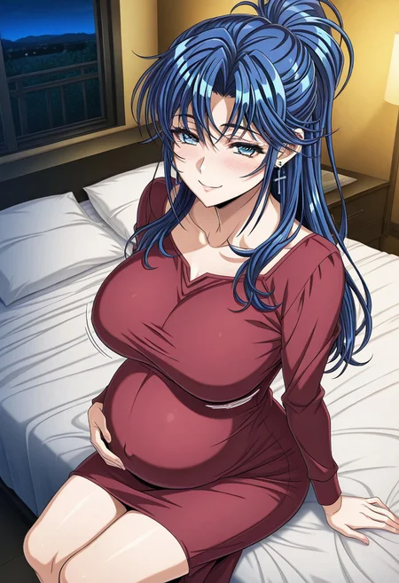masterpiece, best quality, newest, highres, uncensored, 1girl, yokota mamoru style,1girl, slender face,motion lines,blush,torogao,looking at the viewer,seductive smile
Kouno Asami,Blue Hair, Curtained Hair, Long Hair, Ponytail, Spiky Bangs, Straight Hair,Blue Eyes,Medium Breasts, Slim, Cross Earrings
1girl,solo
1girl, pregnant, solo, long hair,, blue eyes, smile, blush, dress, bed, big belly, sitting, night, looking at viewer, huge breasts
