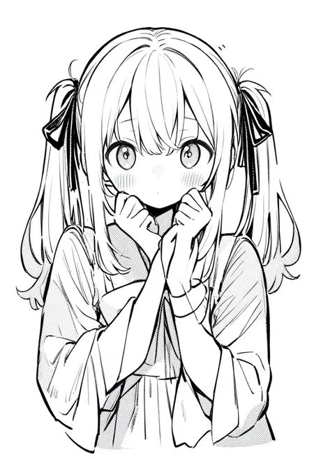 1girl, greyscale, solo, monochrome, twintails, simple background, long hair, looking at viewer, ribbon, white background, blush, hair ribbon,
kzit,