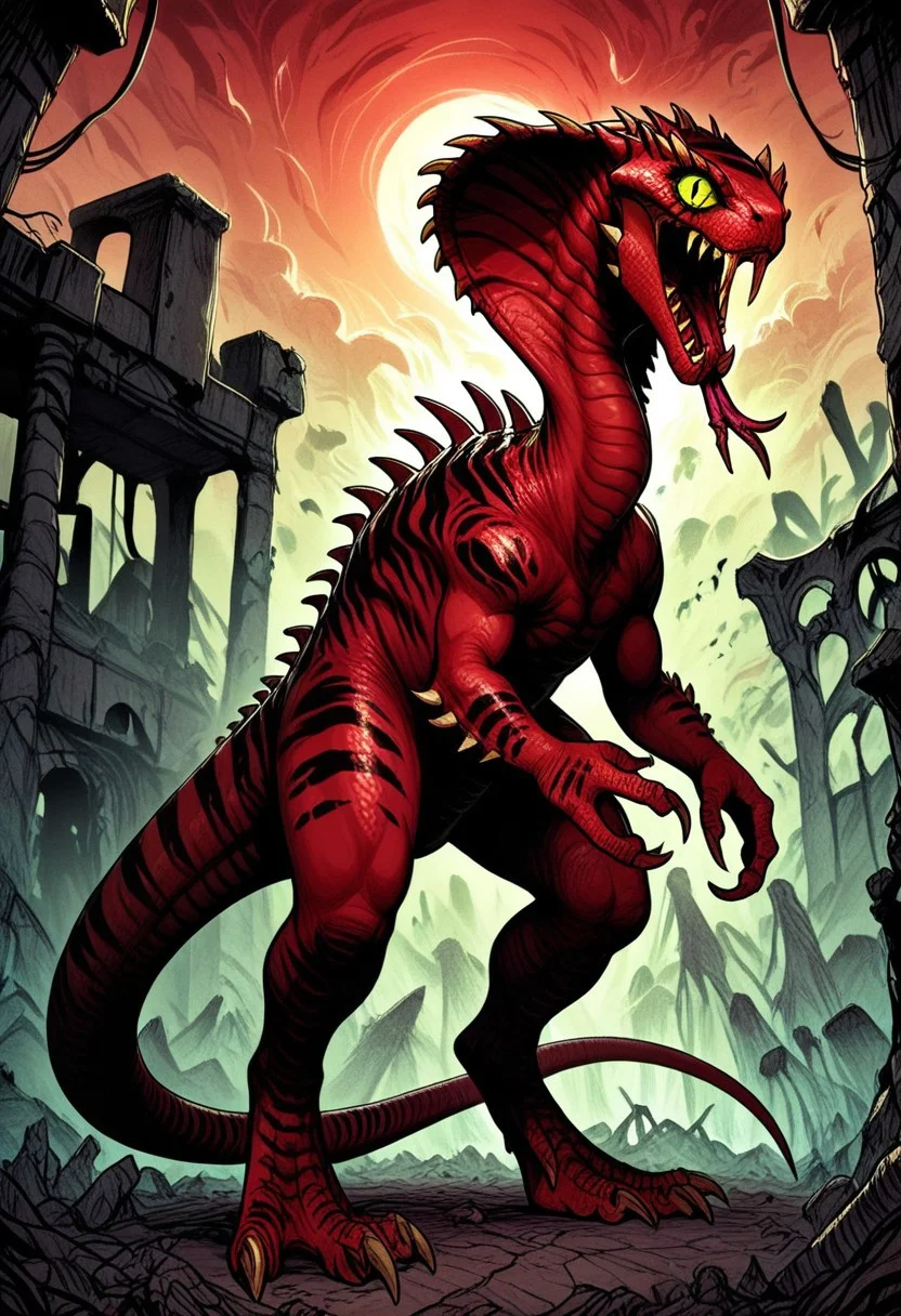 DonMC0m1cM4g1cXL, (dark, fantasy, magical, eerie) score_9, score_8_up, score_7_up, score_6_up, Vertigo_Primal, cobra, dinosaur, monster, colored sclera, reptile eyes, yellow eyes, red skin, black stripes, stinger tail, spikes, claws, fangs, forked tongue, gigantic monster, , size difference, BREAK, small human, BREAK, backgroung, plain, ruins