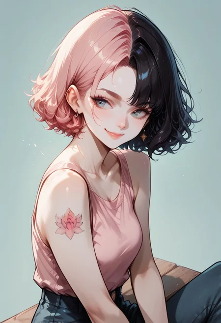 score_9, score_8_up, score_7_up, score_6_up, realistic, Sabrina, SabrinaRH,, short hair, bobcut, ((MIX OF pink AND BLACK HAIR) split hair, two-tone hair, multicolored hair) curled hair tips, parted bangs, blue eyes, medium breasts, pale skin, earrings,, arm tattoo, small lotus tattoo on right shoulder, , sitting in a bench, side view , high angle view, face closeup, wide arms, (pink) camisole, denim pants, earrings, looking away, sunny, relaxed expression, little smile