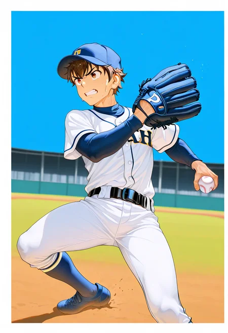 1boy,<lora:Sawamura_Eijun_Illustrious_-_Diamond_no_Ace:1>,eijun,
outdoors,white_border,baseball stadium,blurry background,speed_lines,dust_cloud,
cowboy_shot,(from_side:1.2),(motion_blur:1.2),motion_lines,foreshortening,dutch angle,foot_out_of_frame,
(throwing:1.2),(pitching:1.2),dynamic pose,
arched_back,running,clenched teeth,
brown hair,brown eyes,baseball uniform,baseball cap,baseball mitt,baseball,belt,belt buckle,black belt,sweat,sweatdrop,
solo,male focus,
masterpiece,best quality,newest,absurdres,highres,