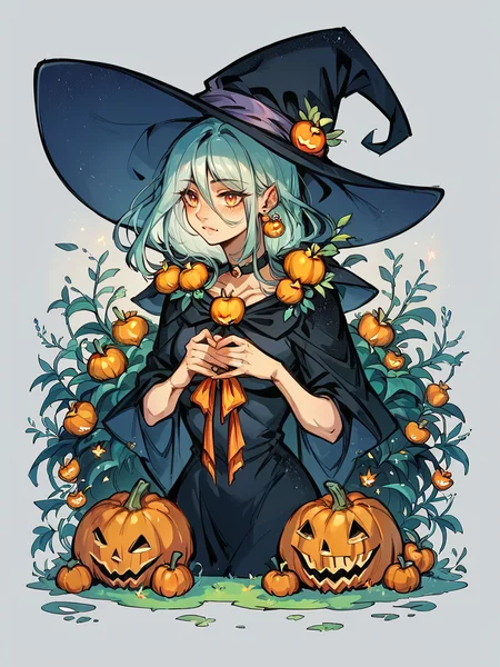 score_9, score_8_up, score_7_up, score_6_up, score_5_up, score_4_up, <lora:yum4rtXLP:0.7> yum4rt, plants, witch, 1girl, full body, pumpkins