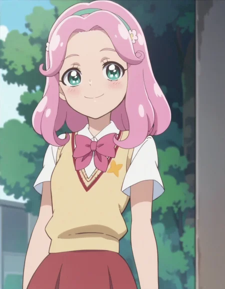 score_9, score_8_up, score_7_up, anime screencap, solo,1girl,hanamikotoha, green eyes,pink hair,school uniform,pink  bow,red skirt, hairband, sweater vest,cowboy shot,smile,blush,looking at viewer,small breasts,<lora:hanamikotoha:0.8>