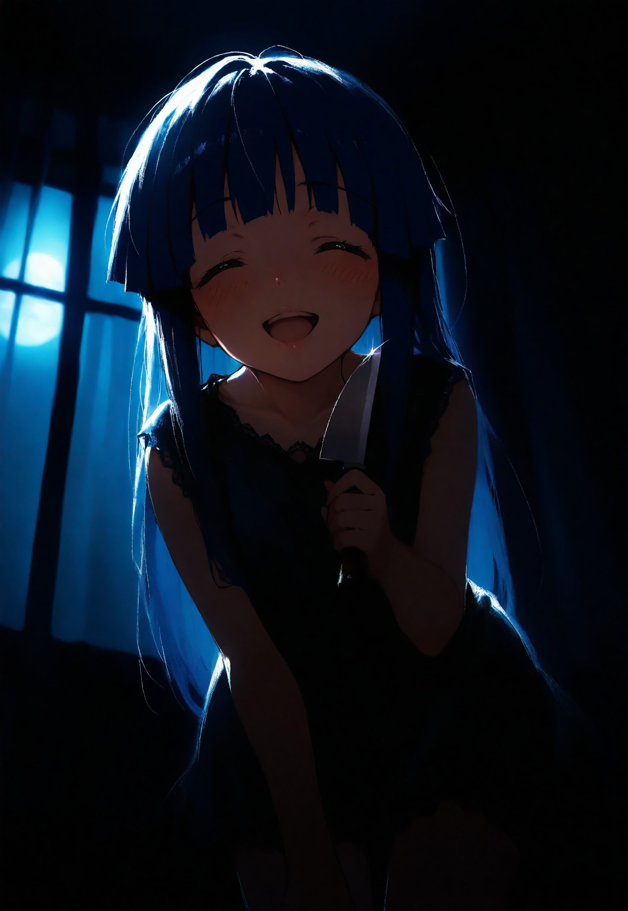 1girl, solo, furude rika, lips, looking at viewer, blush, ^ ^, smile, open mouth, holding knife, leaning forward, cowboy shot, from below,dutch angle, backlighting, dark, night, moonlight, indoors, curtains, window, masterpiece, best quality, very aesthetic, 