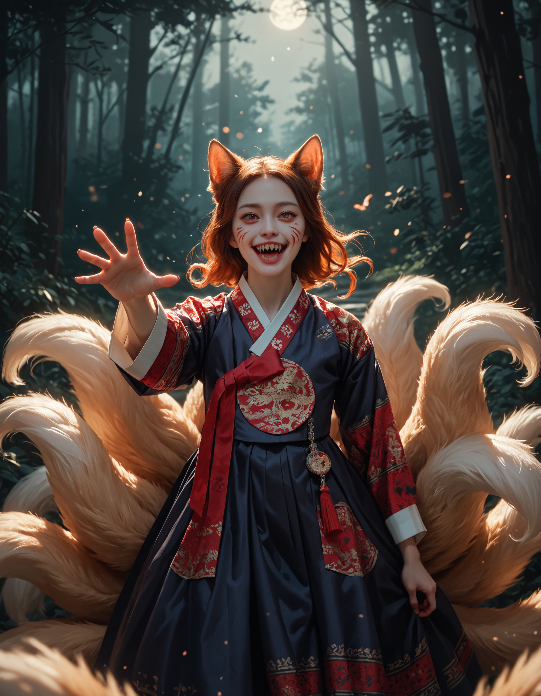 score_9, score_8_up, score_7_up, score_6_up, score_9, score_8_up, score_7_up, score_6_up, 1girl, dark blue hanbok, red ribbon, patterned hanbok, foxgirl, furry, sharp teeth, reaching towards viewer, beckoning, nine tailed fox, (multiple tails:1.2), at night, forest, horror theme, dramatic lighting, very clear image, detailed face, detailed character design, ultra-high resolution, perfectly composed, clear, breathtaking attention to detail, highres, ultra detail, 8k wallpaper,
