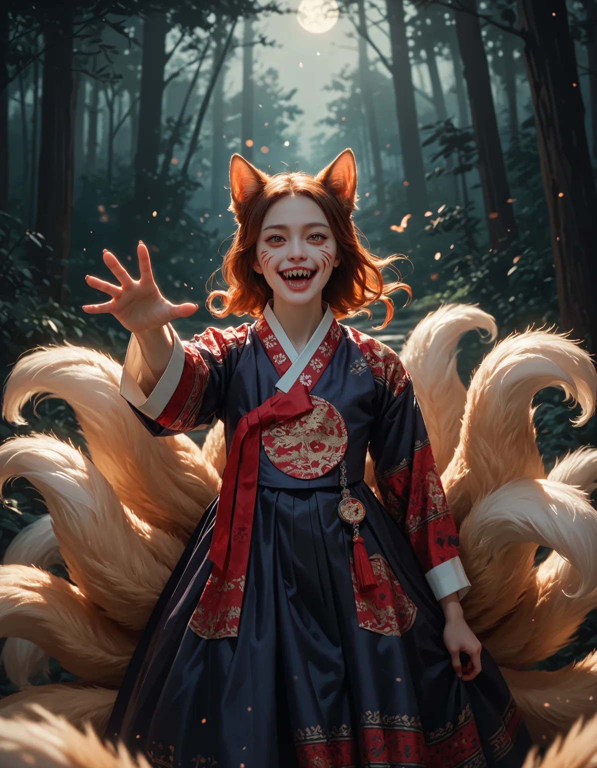 score_9, score_8_up, score_7_up, score_6_up, score_9, score_8_up, score_7_up, score_6_up, 1girl, dark blue hanbok, red ribbon, patterned hanbok, foxgirl, furry, sharp teeth, reaching towards viewer, beckoning, nine tailed fox, (multiple tails:1.2), at night, forest, horror theme, dramatic lighting, very clear image, detailed face, detailed character design, ultra-high resolution, perfectly composed, clear, breathtaking attention to detail, highres, ultra detail, 8k wallpaper,