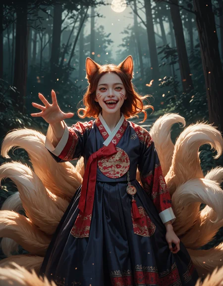 score_9, score_8_up, score_7_up, score_6_up, score_9, score_8_up, score_7_up, score_6_up, 1girl, dark blue hanbok, red ribbon, patterned hanbok, foxgirl, furry, sharp teeth, reaching towards viewer, beckoning, nine tailed fox, (multiple tails:1.2), at night, forest, horror theme, dramatic lighting, very clear image, detailed face, detailed character design, ultra-high resolution, perfectly composed, clear, breathtaking attention to detail, highres, ultra detail, 8k wallpaper,