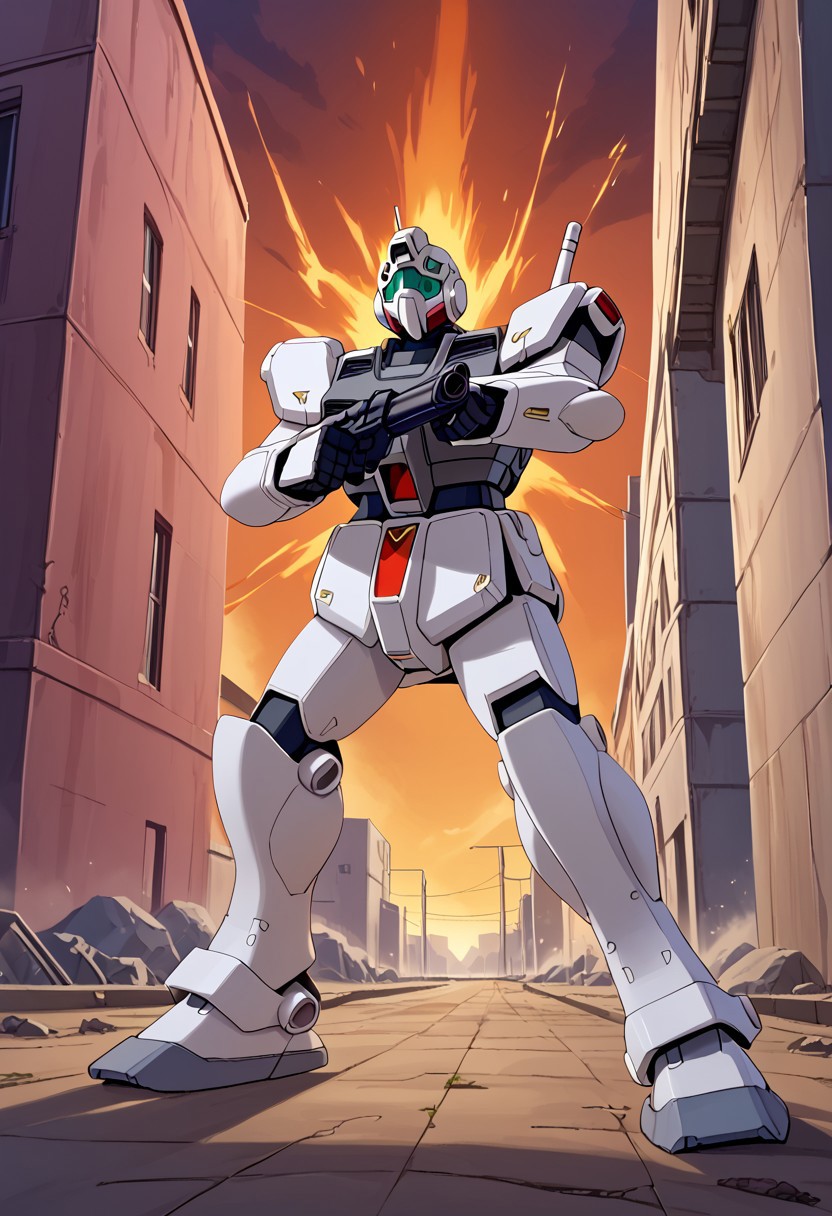 score_9, score_8_up, score_7_up, source_anime, cowboy shot, front view, BREAK, ( midnight blue color scheme, rgm-79_gm, looking up and to the side, rifle, beam saber on back, aiming up and to the side, standing, firing submachine gun, muzzle flare, ) 1mech, mech focus, solo, BREAK, asteroid base, nighttime, buildings, pylons,