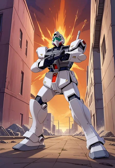 score_9, score_8_up, score_7_up, source_anime, cowboy shot, front view, BREAK, ( midnight blue color scheme, rgm-79_gm, looking up and to the side, rifle, beam saber on back, aiming up and to the side, standing, firing submachine gun, muzzle flare, ) 1mech, mech focus, solo, BREAK, asteroid base, nighttime, buildings, pylons,
