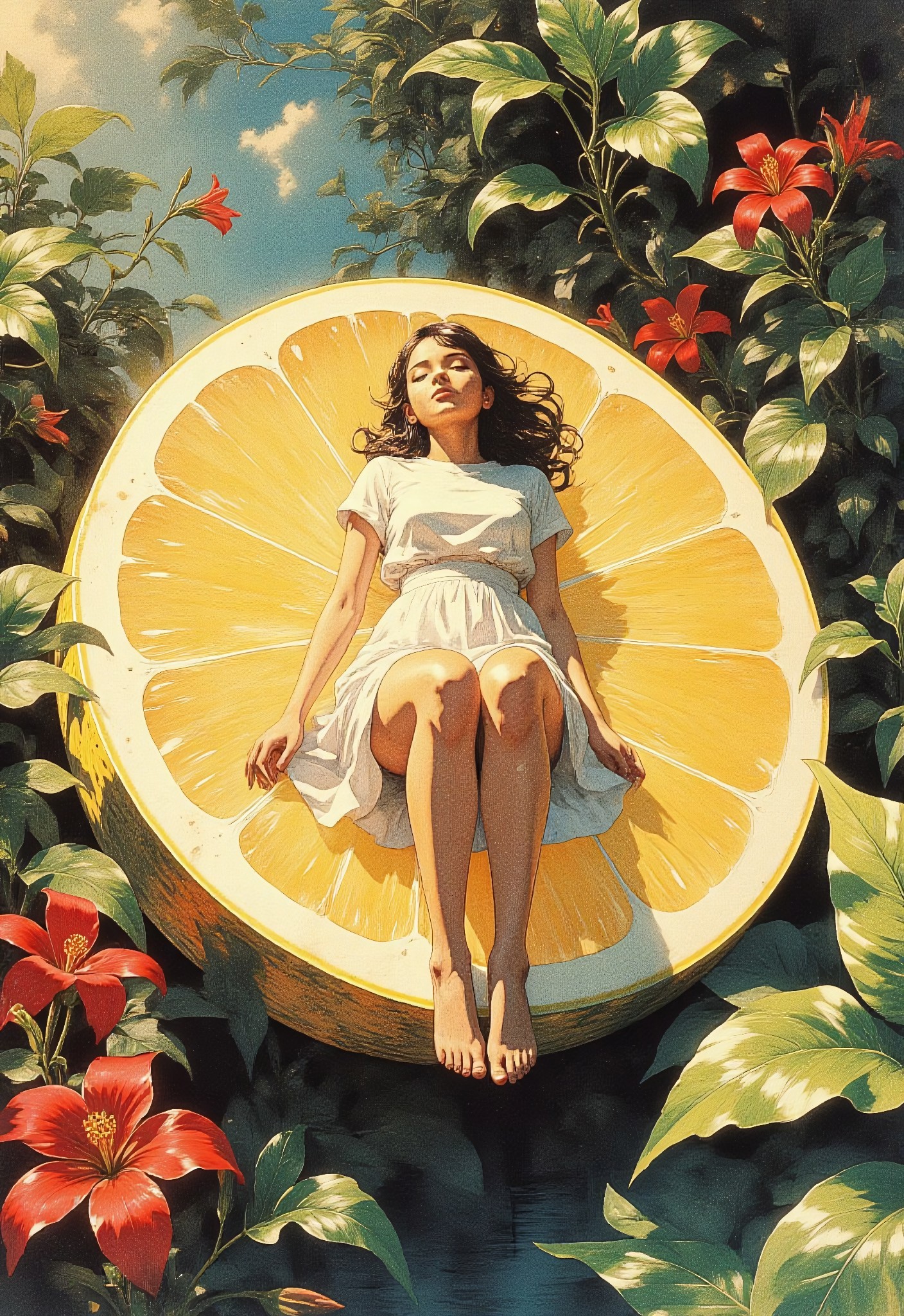A young girl floats peacefully on a giant lemon slice, surrounded by lush tropical plants and red flowers. The scene is dreamy, soft, and surreal, blending anime aesthetics with botanical art. The lighting is warm and golden, with delicate shading and intricate details in the foliage