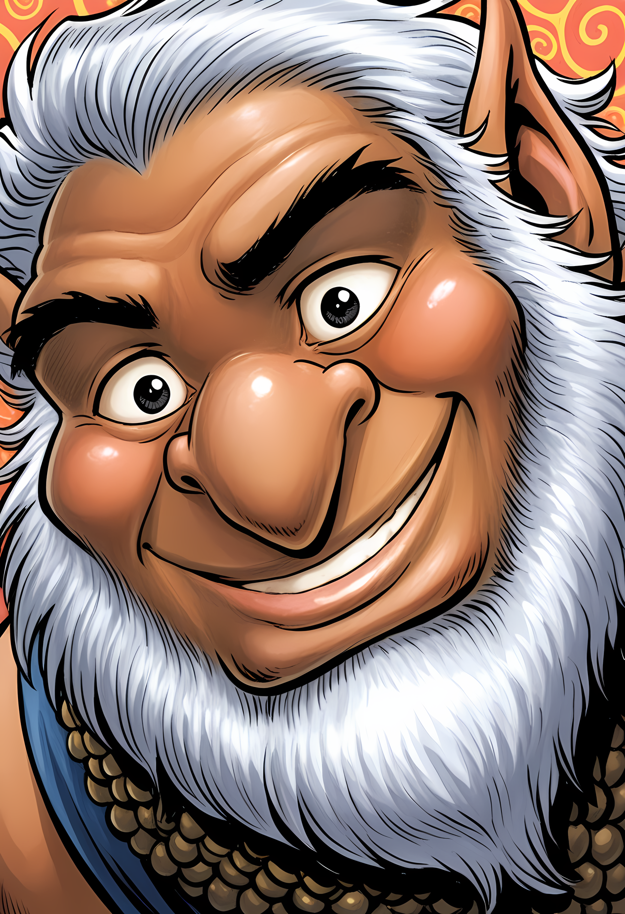 masterpiece, best quality, amazing quality, dutch angle, abstract background, BREAK
1boy, solo, male focus, eq_twoedge, face focus, tan skin, pointed ears, white hair, beard, black eyes, thick eyebrows, face focus, smiling, BREAK
<lora:cfg_scale_boost:.6>   <lora:Two-Edge_-_Elfquest_-_ILXL:1>