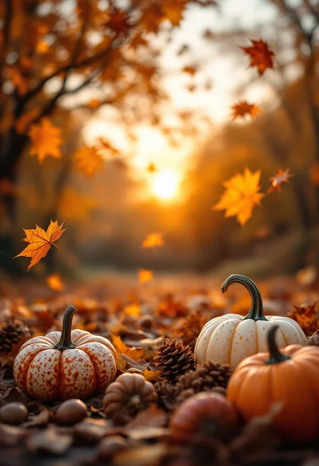 An artistic composition of falling autumn leaves, pumpkins, and acorns, creating a cozy and warm atmosphere, with a blurred background of a sunset in the fall. Delicate texture, optimal quality, ultra-high definition, HDR effect, 16K quality, high resolution, ultra-fine, complex details.