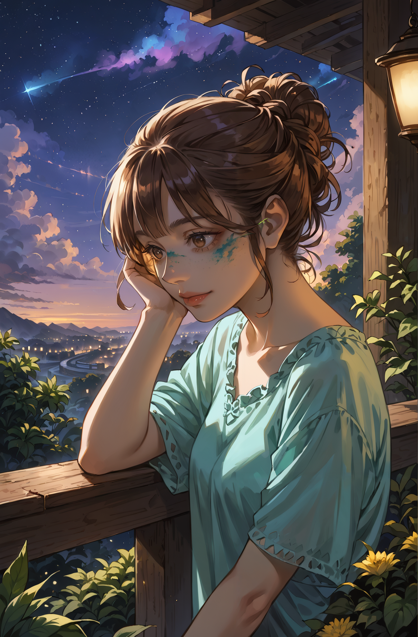 score_9_up, score_8_up, score_7_up, akihito, tonbippo , detailed face, masterpiece , realistic face, absurdres ,cozy rooftop garden under a clear night sky, strings of glowing fairy lights casting a warm, gentle glow BREAK lush potted plants and a small wooden table, a soft breeze carrying the scent of blooming jasmine, creating an intimate and tranquil atmosphere BREAK charming girl, shoulder-length brown hair styled in a messy bun with loose strands framing her face, leaning casually against the railing, one arm resting, her posture relaxed and thoughtful, exuding warmth and quiet elegance  <lora:incase-ilff-v3-4:0.4>  <lora:Tsukushi_Akihito_Style:0.8> <lora:tonbippoXLP:1.4>