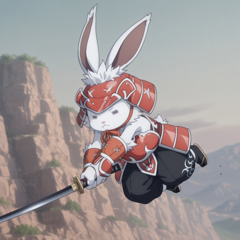 masterpiece, best quality, amazing quality, CeecrueslfIL, semi-anthro, male, rabbit, white fur, = =, red Samurai armor, red Samurai helmet, baggy black pants, white trim, black socks, tan sandals, solo, outside, holding katana, jumping, swinging katana