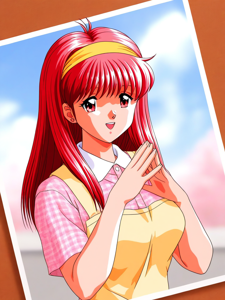 general,highres, ultra-detailed,very aesthetic,best quality ,best hands, BREAK <lora:Fujisaki_Shiori_Tokimeki_Memorial_Ver2.0_IS:1>
Fujisaki_Shiori(Tokimeki_Memorial), 1girl, solo, long hair, Yellow hairband, red hair, red eyes,pink hair, bangs, large breasts,
photo \(object\), fake photograph,