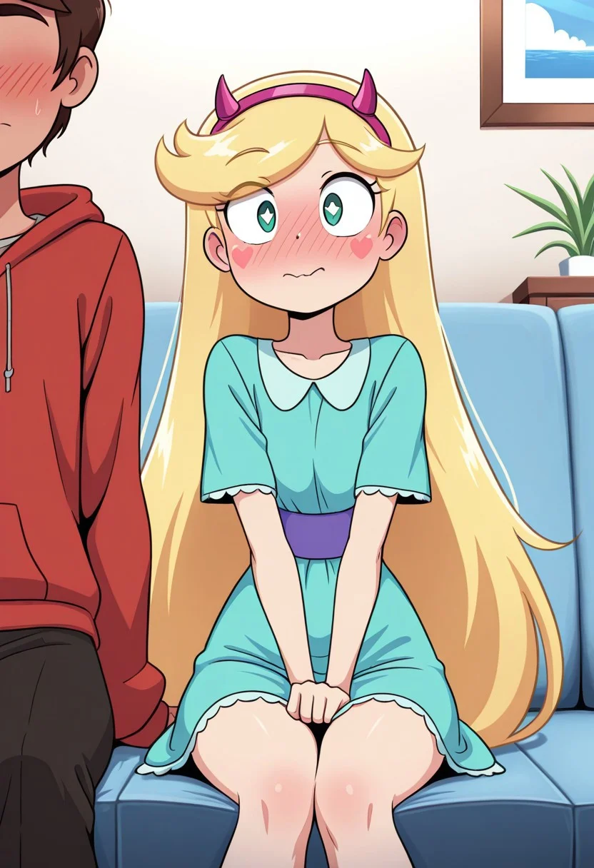 masterpiece, best quality, break. star_co, (1boy, marco_d, hoodie), break, (1girl, star_b, fake horns, dress, very long hair, blondie hair, heart stickers blush), sitting together, living room, front view