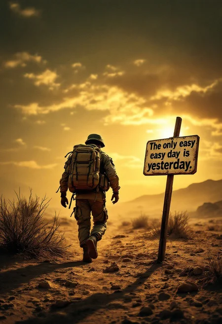 A powerful and evocative image of a lone soldier trudging through a desolate desert landscape, the sun casting harsh shadows and highlighting the barren environment. The soldier, wearing weathered gear and carrying a heavy backpack, has their face obscured by a helmet or bandana, symbolizing the unseen individual facing ongoing struggles. In the distance, a weathered signpost bears the quote "The only easy day was yesterday," written in a rugged, weathered font that blends seamlessly with the surroundings. The soldier's determined posture, despite the harsh conditions, serves as a testament to resilience and perseverance. The overall mood of the image is one of inspiration, reminding viewers that while challenges are inevitable, progress is still possible through determination and grit., typography, poster
