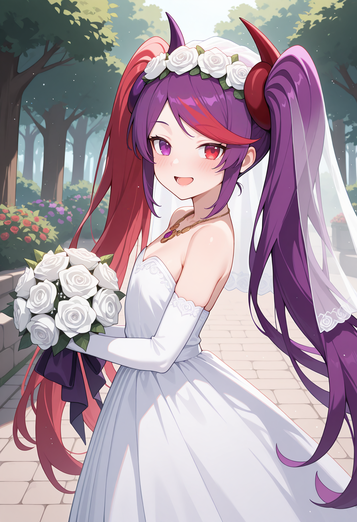highres, best quality, masterpiece, outdoors, light particles, 
1girl, solo, pcrmski, two-tone hair, red hair, purple hair, streaked hair, very long hair, heterochromia, red eyes, purple eyes, horns,
pmskiwed, twintails, veil, head wreath, rose, white flower, necklace, wedding dress, white dress, strapless dress, elbow gloves, white gloves,
looking at viewer, blush, smile, open mouth, 
standing, from side, holding bouquet,
<lora:_misaki_pcr-elesico-ilxlA:1>