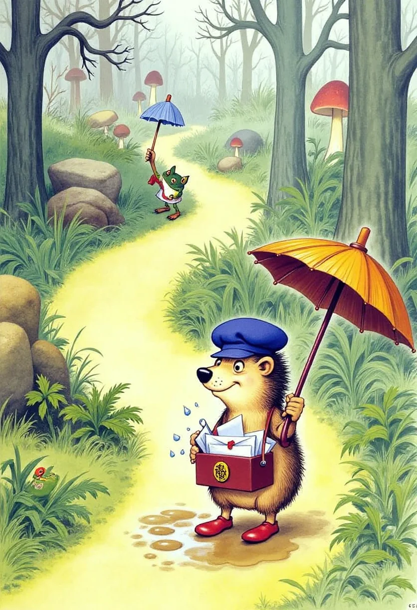 Old book illustration style, colored drawing of a hedgehog postman delivering letters through a rainy forest path. The hedgehog wears a little blue cap and a satchel overflowing with tiny envelopes, some sealed with wax. He holds a small umbrella as he carefully steps over puddles, with raindrops splashing around his tiny boots. Tall mushrooms, mossy rocks, and bending ferns line the winding path, and a toad in a raincoat peeks from beneath a leaf. The scene is illustrated with soft, earthy tones and gentle brushstrokes, evoking a whimsical and cozy storybook atmosphere. <lora:oldillustration_V1.1:1>