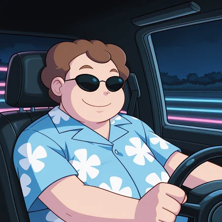 <lora:Driving_-_IL:0.8> dr1v3, car interior, steering wheel, driving, sitting, masterpiece, amazing quality, colorful, dark, neon light, <lora:p-treto-v1-10:1> p-scott, sunglasses, 1boy, plump, blue hawaiian_shirt, three_quarter_profile, upper body,