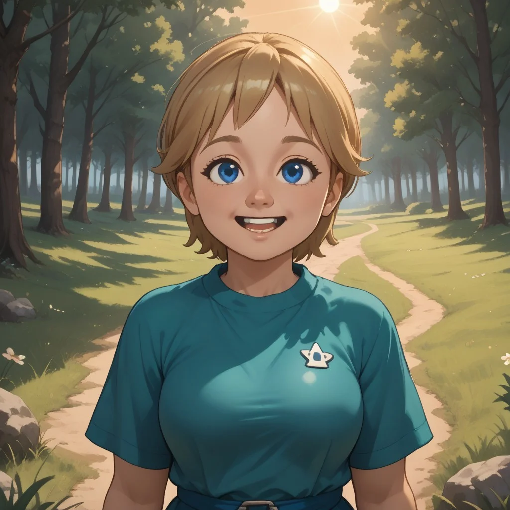 score_9, score_8, BREAK, solo, mii, wii, wii sports resort, 1girl, female mii, cute, blonde hair, black blue eyes, rare eyes, tree shaped nose, open mouth, buck tooth, double chin, chubby, chubby female, dark green clothing, white pants, shoes, Megan_(\Wii_Sports_Resort\), Nintendo Mii, modern_mii, classic_mii, big breasts, sexy pose, self portrait, smile, outdoors, sunlight, shadows, evening lighting, natural lighting, forest, trees, grass, orange sky, sunset
