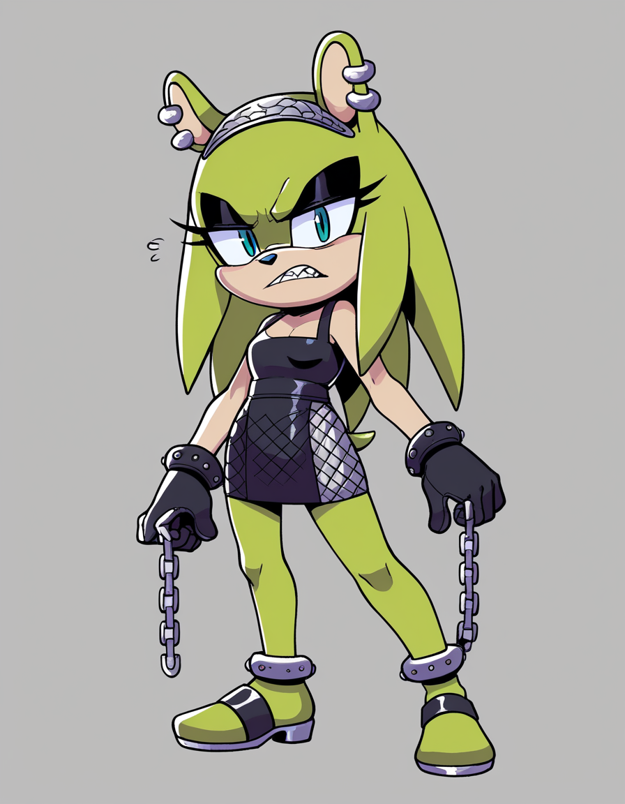 zPDXL, score_9, score_8_up, score_7_up, score_6_up, score_5_up, source_anime, 4k, absurdres, 1girl, solo,
<lora:Surge_v2mini_LoCon:0.8> surge the tenrec, (green fur), (black fur), (two-tone fur), aqua eyes, black eyeshadow, long quills, shaded face, quills down,
sharp teeth, petite, small breasts, (dominatrix wearing Chainmail bralette with draped chains, chainmail skirt with slit, chainmail headpiece, chainmail anklets, leather gloves, metal chain leash with a leather handle), frown, angry, looking at viewer,