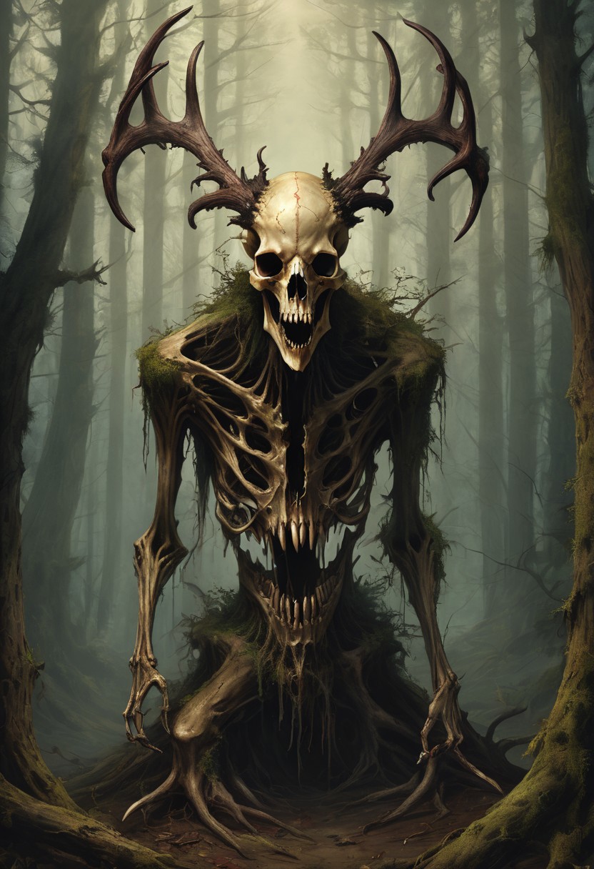 something unholy this way comes, a nightmare, an evil creature borne of the forest, (a decaying wendigo, animal skull, bones), detailed, high resolution, eerie, atmospheric, foreboding, unsettling, linquivera,
