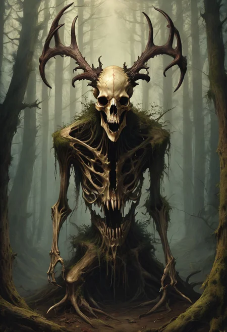 something unholy this way comes, a nightmare, an evil creature borne of the forest, (a decaying wendigo, animal skull, bones), detailed, high resolution, eerie, atmospheric, foreboding, unsettling, linquivera,